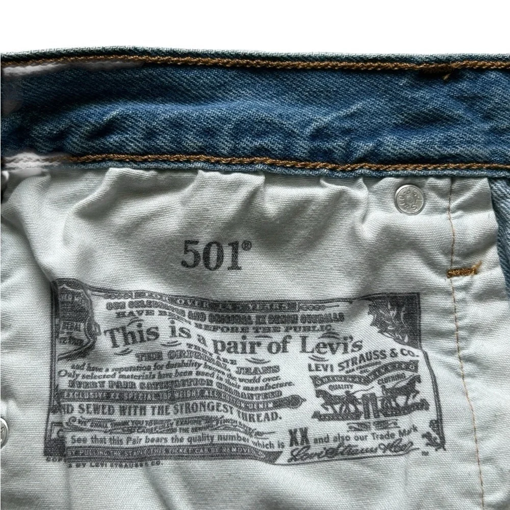 Levi’s 501 Button fly Raw Distressed Hem Medium Wash Denim Jean Shorts Size 28